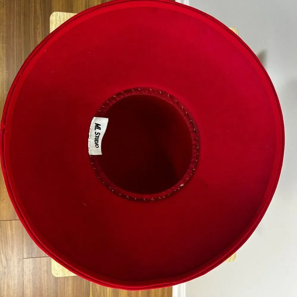 ML Studio Red Church Hat Wide Brim Wool Felt Satin Flower Fur Accent Womens
